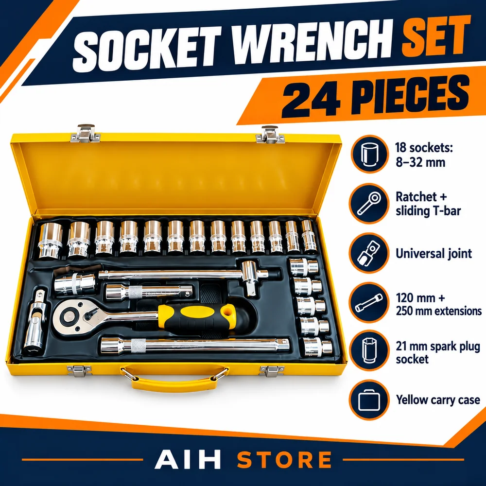24-Piece Socket Wrench Set - 1/2-Inch Drive with Yellow Carry Case