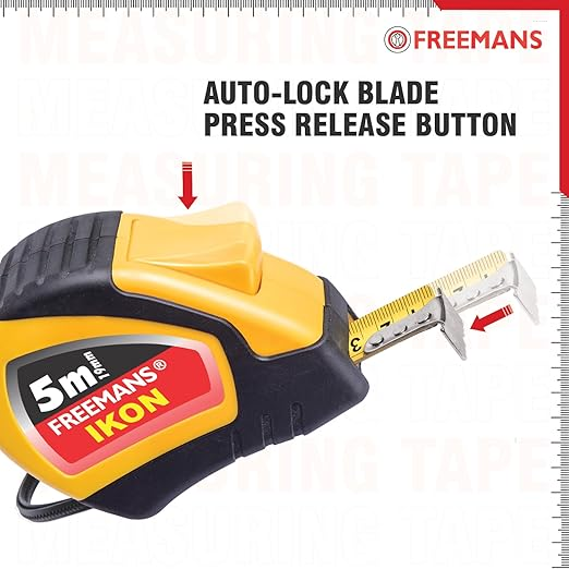 FREEMANS IKON 5m:19mm Steel Inchi Measuring Tape - 5m (Yellow & Black) With Unbreakable ABS case || Soft Grip Bi-material Case || Auto-lock and Belt Clip