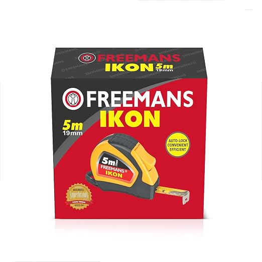 FREEMANS IKON 5m:19mm Steel Inchi Measuring Tape - 5m (Yellow & Black) With Unbreakable ABS case || Soft Grip Bi-material Case || Auto-lock and Belt Clip