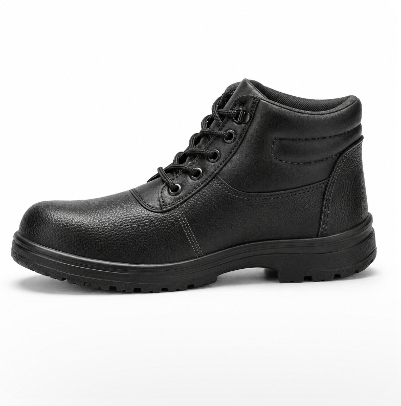 Steel Toe High Ankle Genuine Leather Safety Shoes with PVC Sole - Black